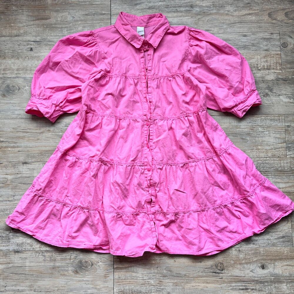 Peixoto Lola Mini Dress Pink Puff Sleeve Tiered Babydoll Button Women Dress Med